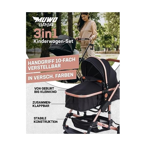 MUWO 3 in 1 Kinderwagen Komplettset inkl. Babywanne, Buggy Sportsitz, Auto Babyschale mit Regenschutz und Moskitonetz, zusammenklappbar (Schwarz) – Bild 3