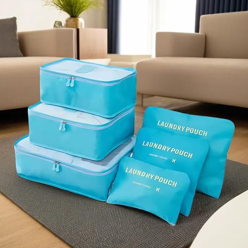 Image of UMAI 6-piece Vacuum-Compressed Travel Organizer + Pouch Packing Cubes | Cosmetics /Laundry /Socks /Shoes Organizer Pouch|Waterproof, Lightweight, Foldable Storage Bag | Blue