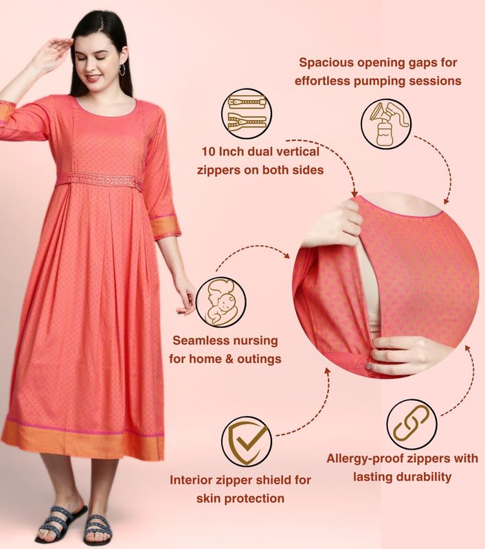 DUMMY SHAPE Maternity Gown for Women | Rayon Pregnancy Dress Kurta with Nursing Zippers for Pre & Post Partum | Feeding Kurtis offers donot miss