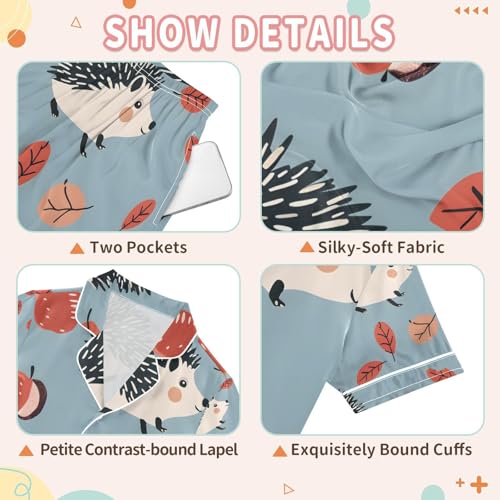 senya Hedgehog and Leaves Satin Summer Pajama Sets Silk Short Sleeve Button Down Sleepwear3