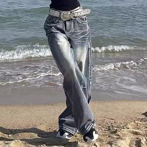 Women's High-Waist Vintage Acid-Wash Jeans: Y2K Casual Hip-Hop Street Style Loose Straight-Leg Washed Trousers2