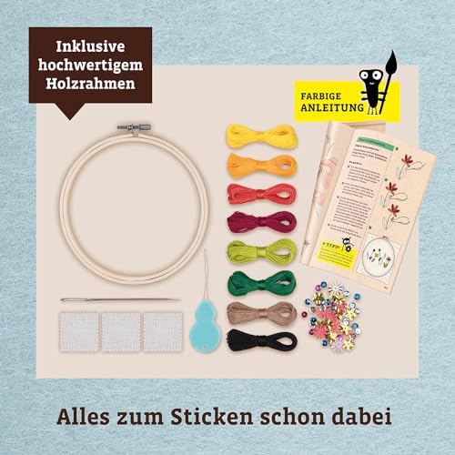 Kosmos 604691 AllesKönnerKiste Sticken Kreativ-Set, Sticken für Kinder ab 8 Jahren und Anfänger, schöne Stickbilder für Kinder, Geschenk für Mädchen und Jungen, kreatives Bastelset