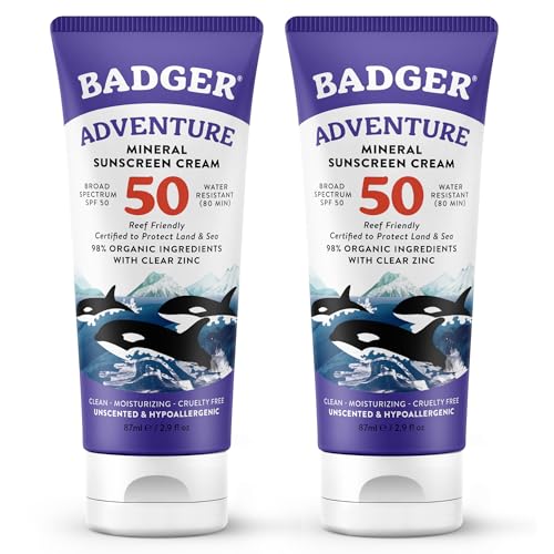 Badger Reef Safe Mineral Sunscreen SPF 50 98% Organic with Zinc Oxide Non Toxic Water Resistant Unscented & Hypoallergenic Broad - Spectrum For Adventure & Sport 2.9 fl oz (2 Pack)