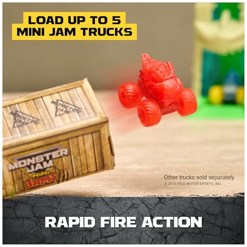 Image of Monster Jam Mini Jams Megalodon Jungle Blaster Launcher Playset | Includes 2 Mini Trucks & Launcher, Launch Rapid-Fire Action, Stores up to 5 Mini Trucks, Toys for Ages 3 and Up