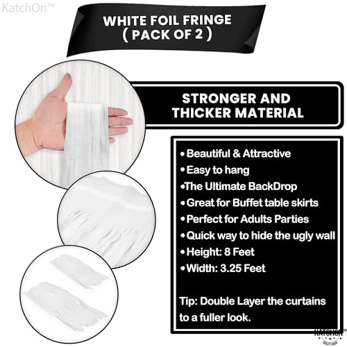 Image of KatchOn, White Foil Fringe Curtain - XtraLarge 3.2x8 Feet, Pack of 2 | Fringe Backdrop for Party Decorations | White Backdrop for Bridal Shower, Baby Shower, Anniversary, Wedding Decorations