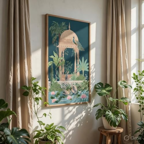 Image of Livin'luxe Royal Peacock Garden Wall Painting with Wooden Frame | Mughal Style Nature Artwork HD UV Laminated MDF Wall Decor | Elegant Peacock Botanical Art for Living Room Bedroom Decor