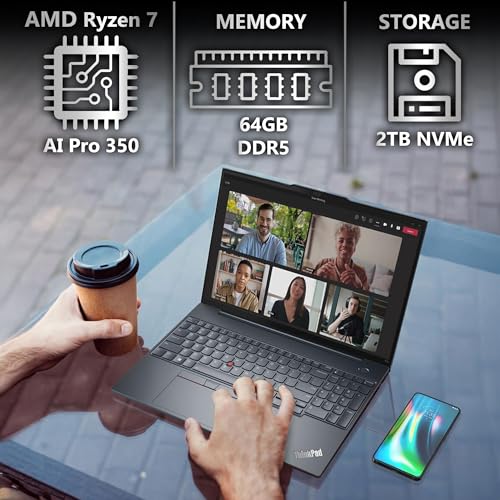 Image of Lenovo ThinkPad T16 Gen 4 Business Laptop 16 FHD+ Display, AMD Ryzen 7 AI Pro 350, 64GB DDR5 RAM, 2TB SSD, 5MP Webcam, Fingerprint, Backlit KB, WiFi 7 + BT, RJ-45, Win 11 Pro - Black