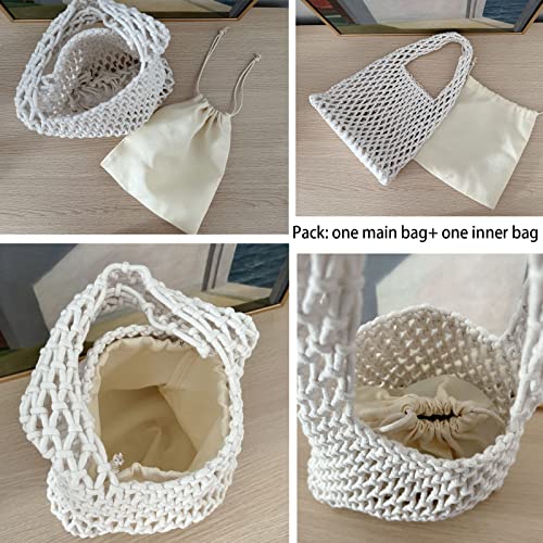 Image of Mini Clutch Handbag Fishing Net Bucket Bag Cotton Rope Crochet Drawstring Woven Beach Bag Small Tote for Women Girls