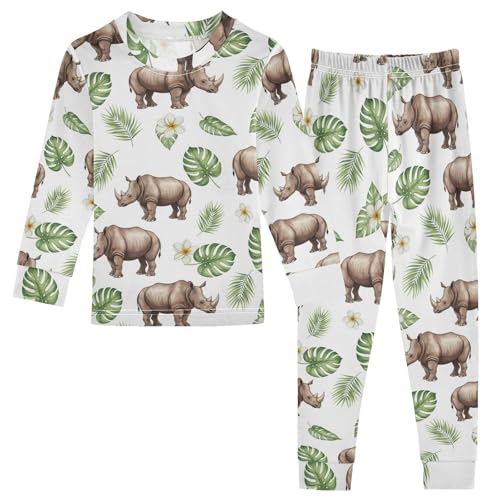 Pajama Sets Long Sleeve Rhino Leaves Flowers Pattern Soft Comfy Sleepwear 2 Piece PJS 3-8T