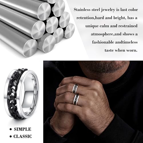 Besteel 16Pcs Stainless Steel Fidget Rings for Men Women Stress Anxiety Relief Rings Black Cool Chain Band Spinner Rings Set for Wedding Promise Mens Rings Pack4