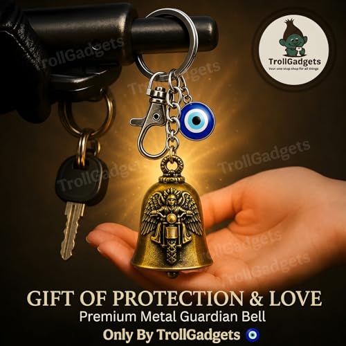 Image of TrollGadgets Guardian Bell Keychain for Bike & Car | Tibetan Texture Bell Keychain with Evil Eye & Silver Hook | Good Luck Charm