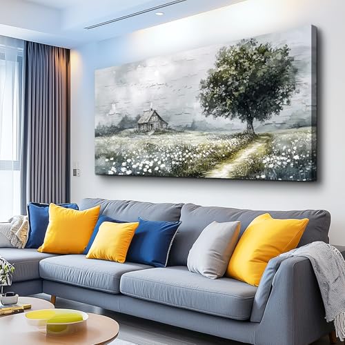 ERQINHUA Gray Large Canvas Wall Art For Living Room Farmhouse Wall Decor For Bedroom Office Mural Field scenery Paintings Tree Landscape Printed Artwork Wall Pictures Home Decorations art 24"X48"