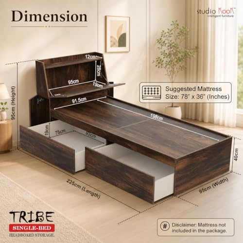 Image of Studio Kook Tribe Left Single Bed with Headboard Storage & 2 Drawers | Engineered Wood Bed | Fits 78 x 36 inch Mattress | Junglewood | Mattress Not Included