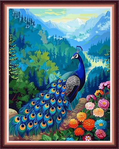 Image of Funxvoot Stamped Cross Stitch Kits for Beginners or Adults Embroidery Starter Patterns | DIY Printed Cross Stitch Kits Needlepoint for Adults or Kids 11CT-Blue Peacock Flower 16x20 inch