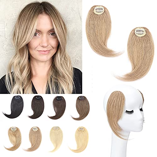 S-noilite Clip in Hair Bangs 100% Real Human Hair 2PCS Clip on Side Swept Fringe Hairpieces French Bangs Remy Hair Extension 32g For Women Pretty #27 Dark Blonde