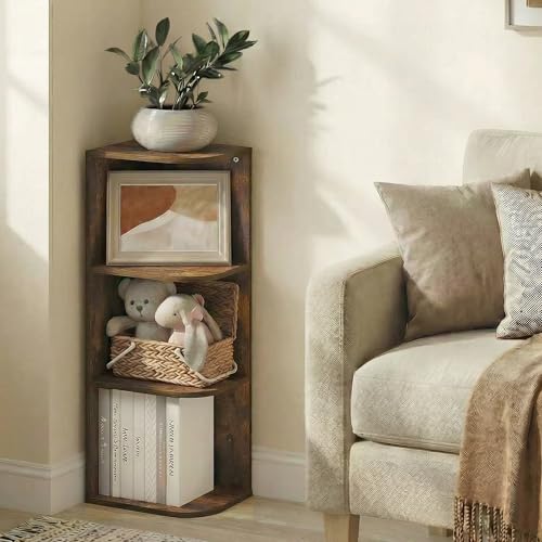 Image of Furinno PASIR Book Shelf, 3-Tier Corner Bookshelf with Open Shelf, Standing Bookcase, 9.3 x 12 x 31.5, for Organization and Storage, for Living Room, Bedroom, Home Office, Amber Pine