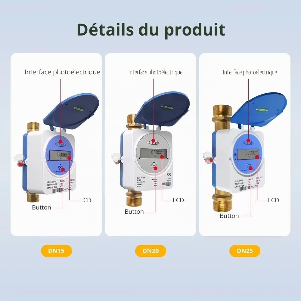Tuya Zigbee Compteur d'eau froide intelligent IP68, débitmètre d'eau avec accessoires pour jardin et maison (20 mm)
