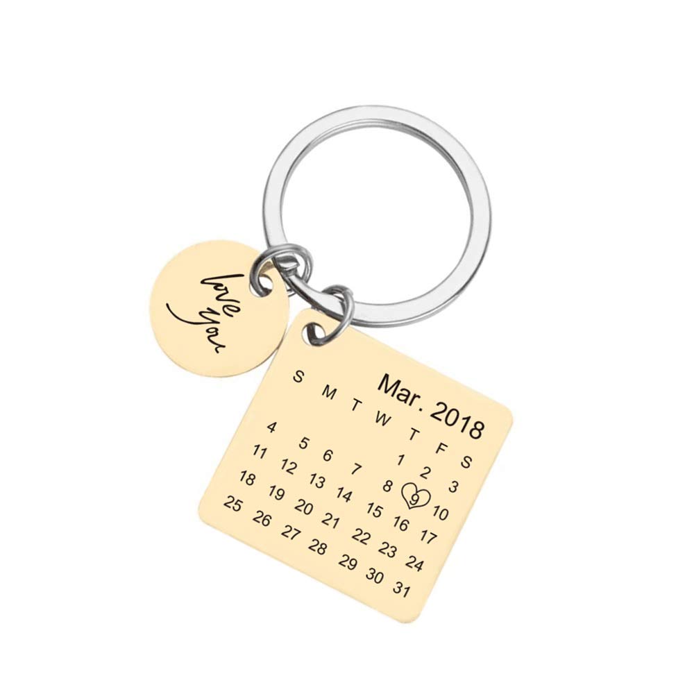 Personalized Custom Special Date Calendar Keychain I Love You Wedding Aniversary Memory Gifts for Anniversary,Girlfriend,Her Best Friends (Gold)
