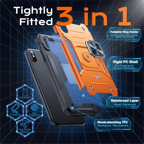 Image of Anqrp Heavy Duty Case for iPhone X /XS Case with Enhanced Ring Holder Grip Stand, Military Grade Shockproof Rugged Drop Protective Silicone Hard Slim iPhone X /XS Phone Case Cover,Orange