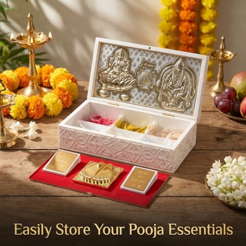 Image of Pocket Temple for Wedding Gift, Housewarming Gift & Pooja Room Decor | Gold Plated Photo Frame with Charan Paduka - 8 Inches (Laxmi Kuber - Double Decker - White)