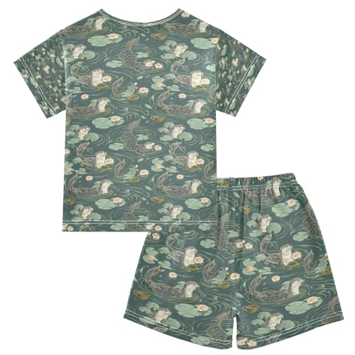 senya Otter Lotus on Pond Summer Pajamas Set Short Cotton Sleepwear 2 Piece2