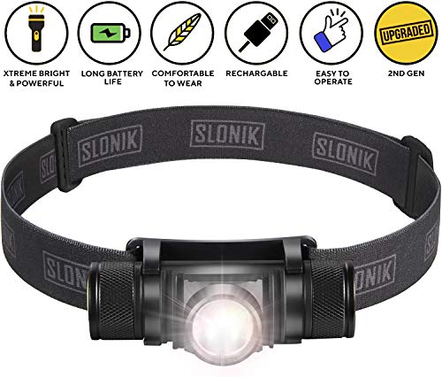 SLONIK 500 Lumen Rechargeable LED Headlamp w/ 2200 mAh Battery - Durable, Waterproof