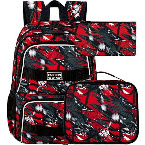 HPJGD 3 mochilas para laptop para meninos, mochila infantil resistente à água com lancheira, conjunto de mochila escolar de 43 cm para adolescentes universitários, Conjunto de 3 peças vermelho grafite