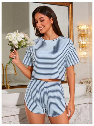 Image of OYOANGLE Womens Pajama Sets 2 Piece Sexy Lounge Sets Summer Cute Pjs Striped Print Tee and Side Split Shorts Set