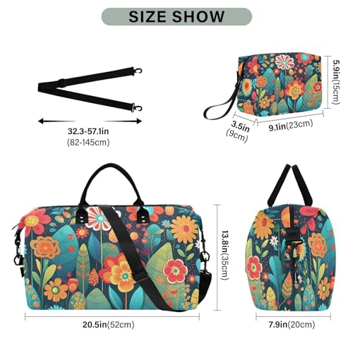 Large Travel Duffel Bag, Black Colorful Floral Sports Tote Gym Bag, Shoulder Weekender Overnight Bag for Women Men, Carry On Luggage with Toiletry Bags3