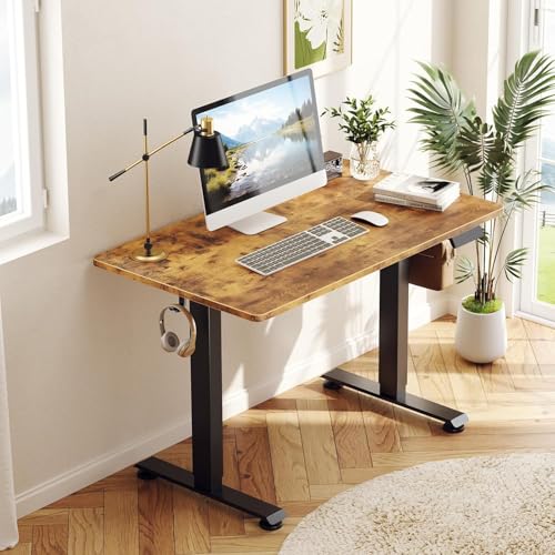 Image of Veken 39.4 inch Small Electric Standing Desk, Height Adjustable Sit Stand Up, Wood Desktop, Work Home Office Computer PC Desks, Writing Study Bedroom Rising Table, Brown
