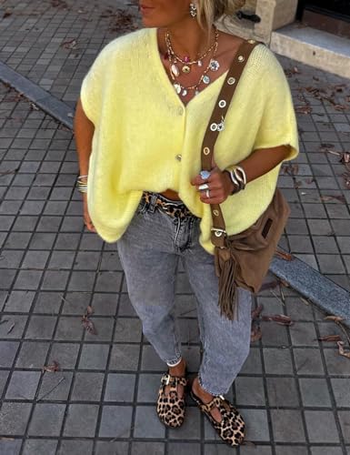 Gihuo Women's Short Sleeve Sweater Cardigan Y2K Button Down Ribbed Knit Sweaters V Neck Oversized Going Out Tops3