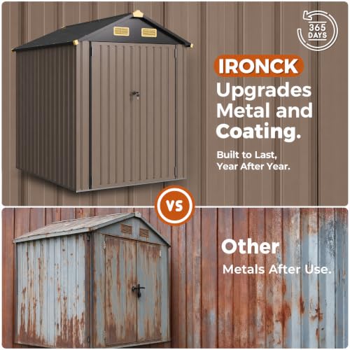 Image of IRONCK 5.7x5.7FT Outdoor Storage Shed with Vent, Outdoor Shed, Brown | Lockable Doors, Impact Corners, Galvanized Steel, Tool Shed for Poolside, Patio, Backyard