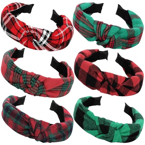 Sawowkuya 6 Pcs Christmas Knotted Plaid Headbands Fashion Vintage Turban Hair Band Retro Wide Check Headband For Women Girls Christmas Hair Accessories cover