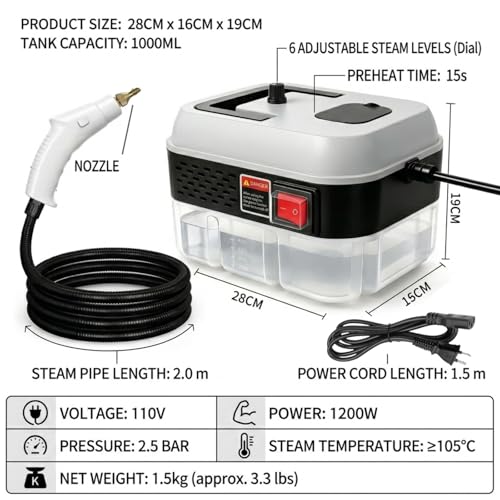 Image of Foandbevi 1200W Handheld Steam Cleaner with 6 Adjustable Levels, 105℃ High-Pressure Portable Steam Cleaning Machine for Car Detailing, Tile Grout, Couch, Mattress, Bed & Home - 6 in 1 Attachments
