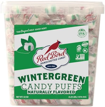 Red Bird Soft Wintergreen Candy Mint Puffs, Individually Wrapped, 52 oz tub