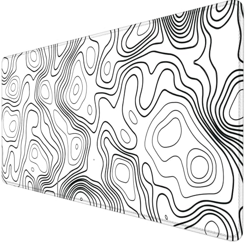 Owege Gaming Mauspad XXL 900 x 400 mm Weiße Höhenlinien Mousepad Groß Vernähte Kanten Wasserdicht Anti-Rutsch für PC MacBook Laptop Verbessert Präzision und Geschwindigkeit