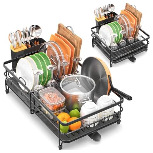 TOOLF Expandable Dish Drying Rack, Adjustable Dish Rack, Foldable Dish Drying Rack with Removable Cutlery Holder Swivel Drainage Spout, Anti-Rust Plate Rack for Kitchen, 1 Piece, Black