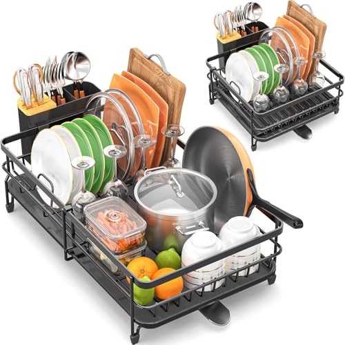 Image of Expandable Dish Rack, Dish Drying Rack for Kitchen Counter, Foldable Dish Dryer Rack, Stainless Steel Dish Drainer Racks with Cutlery Holder, Collapsible Dish Drying Racks Standard Size, Dark Gray