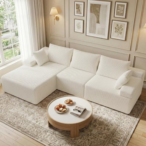 kinmars 108" Corduroy L-Shaped Sectional Couch, Cloud Sofa, Beige