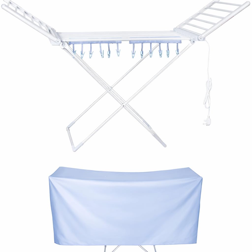 Houszy Grey Electric Heated Clothes Drying Rack With Cover & Hooks – Folding Indoor Dryer Airer, 230W, 12 Pegs, Portable Aluminium Laundry Drying Stand