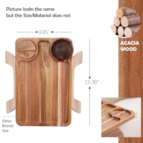 Image of Nnewvante 2 Pack Couch Armrest Table, 3 in 1 Large 15.36 inchx9.85 inch Acacia Wood Sofa Arm Clip on Tray Table with 360Rotated Phone Drink Holder on Armrest