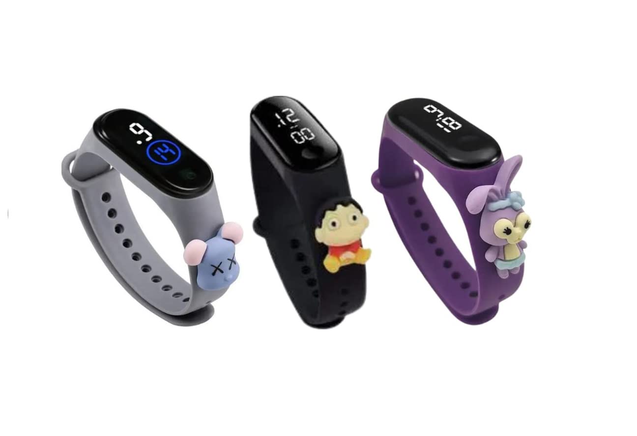 Truvic Fashionable Kids Waterproof White Light LED Band Watch with Date & Time Display (Shinchen, Purple Gudia, Gray Mouse) (A Multicolor - Combo of 3) (B0C3ZZGXVJ) Amazon Price History, Amazon Price Tracker