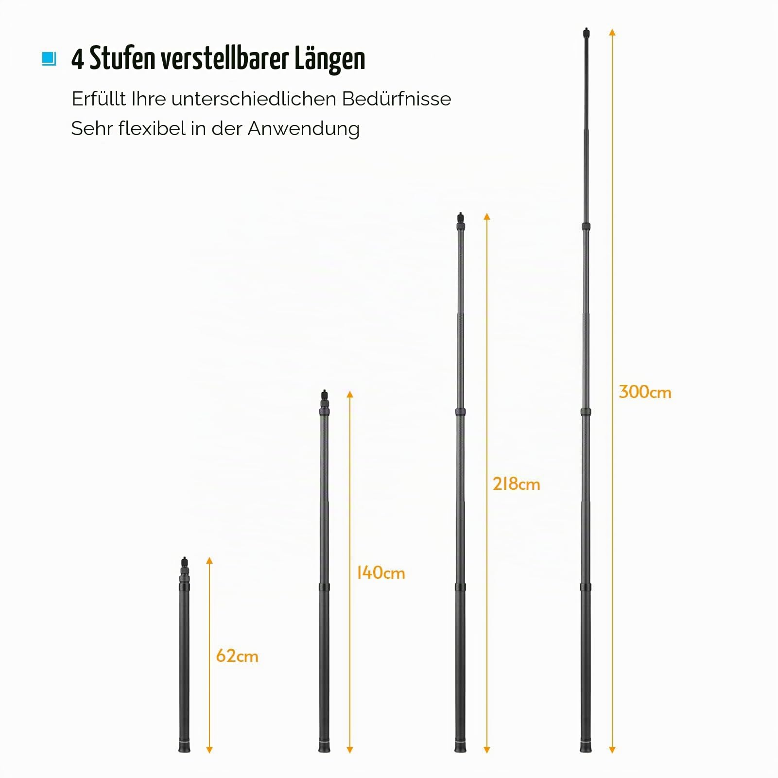 Andoer 3 m Lange verstellbare Kohlefaser-Verlängerungsstange mit 1/4-Zoll-Schraube für Insta360 One X/One X2/One R Panoramakamera