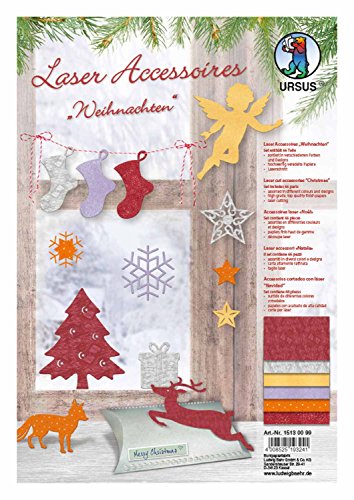 Ursus 15130099 - Laser Accessoires Weihnachten, 6 Blatt in verschiedenen Farben und Designs, 66 Teile, hochwertig veredeltes Papier, mit Laserschnitt, ideal zum Verzieren von Geschenken und Karten
