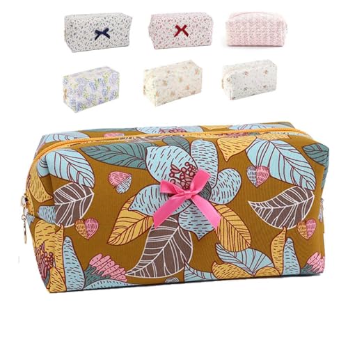 メイクポーチ 化粧ポーチ 大容量 可愛い コスメポーチ 収納ポーチ 化粧品収納 多機能 持ち運び 小物入れ 花柄 婦人 旅行 ((リボン茶色))