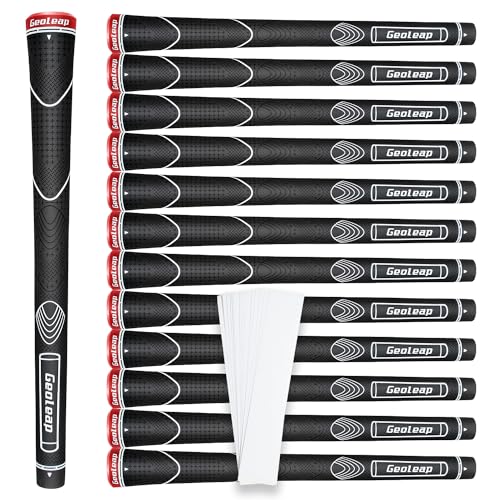 Geoleap Rubber Golf Grips Set of 13 -Grips with 15 Tapes and Grips with All Repair Kits for Choice, Non-slip and Shock-absorbing, Thumb Pattern Design, All Weather Performance and High Feedback Soft Rubber Golf Club Grips