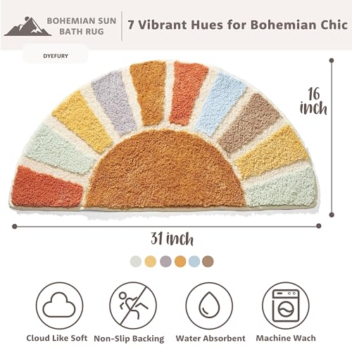Dyefury SUNBATHRUG01 Sunrise Boho Bathroom Rugs,Half Circle Bath Mat Cute,Sun Bath Mats,Retro Bohemian Home Bathroom Decor,Small Colorful Fun Semi Round Shower Rug Non-Slip,Funny Washable Rug Bedroom 31 Inchx16 Inch thumb #1