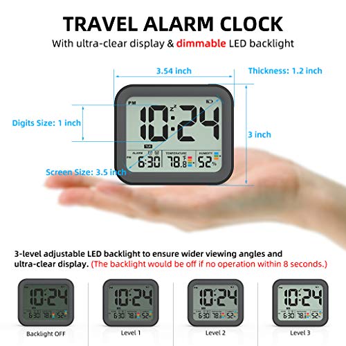Battery Operated Digital Alarm Clock, Dual Smart Alarm with Workdays/Weekends Setting, Loud Alarm, Snooze, Small Travel Clock with Indoor Thermometer/Hygrometer, Dimmable LED Backlight, Handheld Size - Thumbnail 5