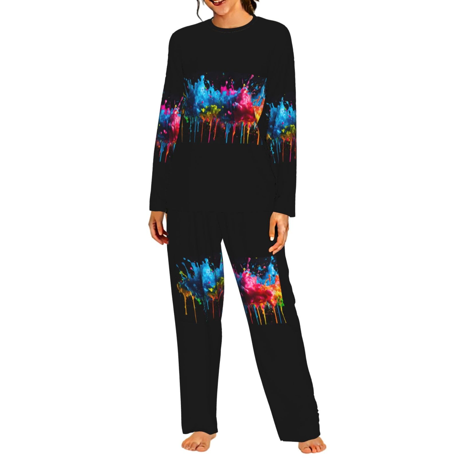Paint Splatter sfondo stampa donna manica lunga pigiama abbinato morbido spiaggia vacanza biancheria da notte regalo casual