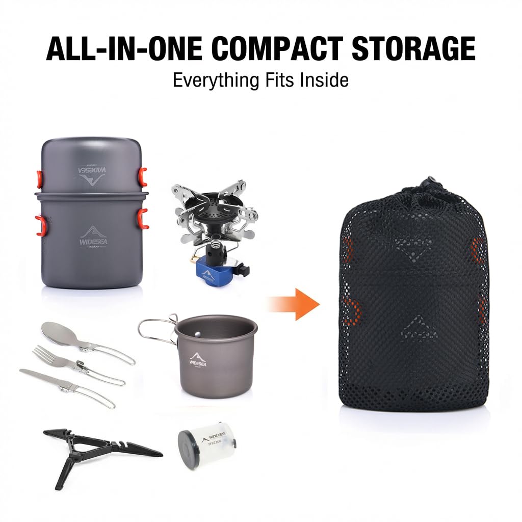 widesea Set di pentole da campeggio per 1-2 persone – Pentola da viaggio, fornello pieghevole portatile, kit di pasticcio in alluminio, include pentola, padella, ciotola, utensili e contenitore per